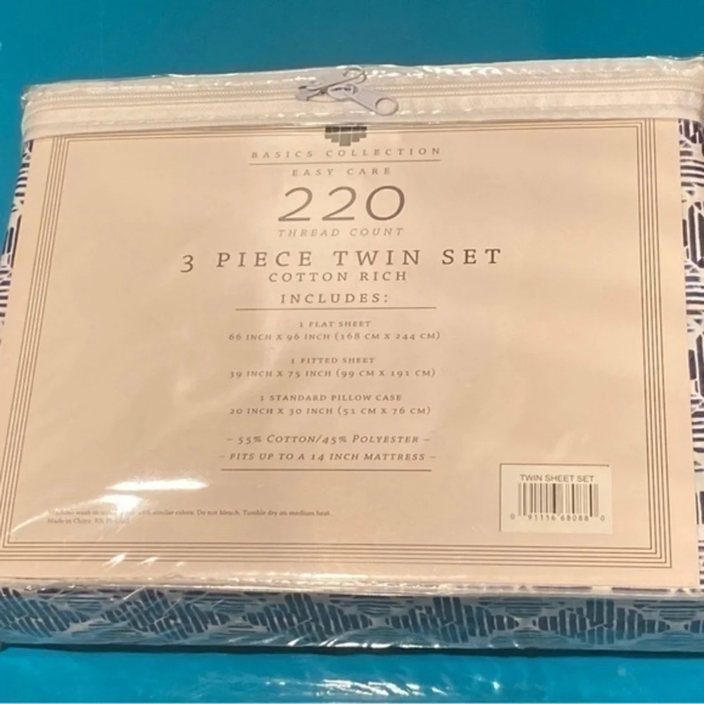 New Twin Sheet Set Blue White Geometric Pretty 220 Thread 3-Piece Basics Collect